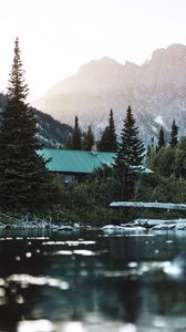 Preview wallpaper house, roof, trees, pond, mountain