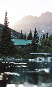 Preview wallpaper house, roof, trees, pond, mountain