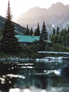 Preview wallpaper house, roof, trees, pond, mountain