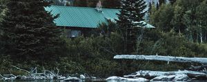 Preview wallpaper house, roof, trees, pond, mountain