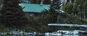 Preview wallpaper house, roof, trees, pond, mountain