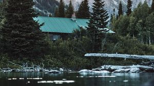 Preview wallpaper house, roof, trees, pond, mountain