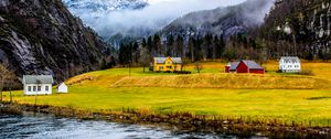 Preview wallpaper house, shore, river, fog, mountains, nature