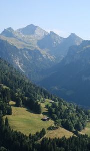 Preview wallpaper house, slope, trees, landscape, mountains, nature