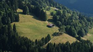 Preview wallpaper house, slope, trees, landscape, mountains, nature