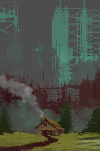 Preview wallpaper house, smoke, buildings, landscape, art