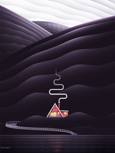 Preview wallpaper house, smoke, hills, vector, art