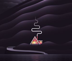 Preview wallpaper house, smoke, hills, vector, art