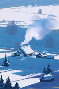 Preview wallpaper house, smoke, snow, trees, winter, art