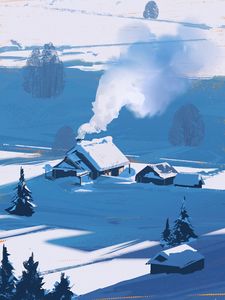 Preview wallpaper house, smoke, snow, trees, winter, art