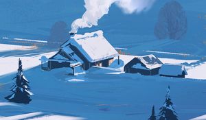 Preview wallpaper house, smoke, snow, trees, winter, art