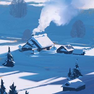 Preview wallpaper house, smoke, snow, trees, winter, art