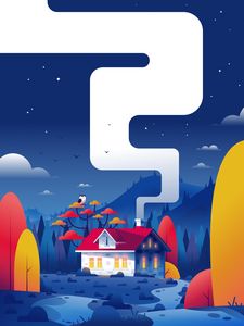 Preview wallpaper house, smoke, trees, owl, vector