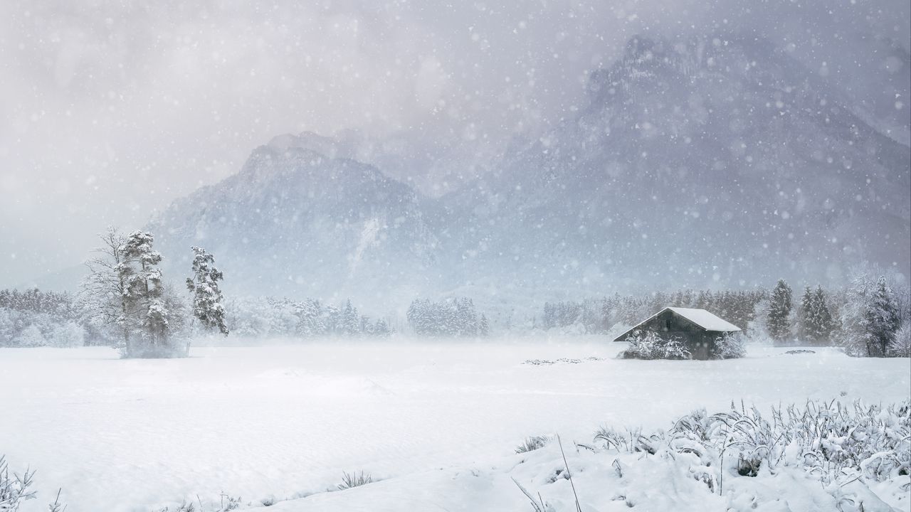 Wallpaper house, snow, blizzard, winter, mountains