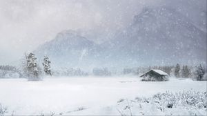 Preview wallpaper house, snow, blizzard, winter, mountains