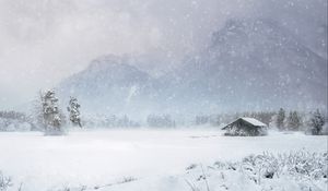 Preview wallpaper house, snow, blizzard, winter, mountains