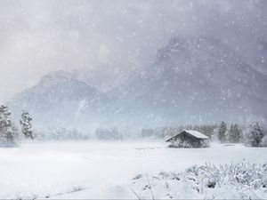 Preview wallpaper house, snow, blizzard, winter, mountains