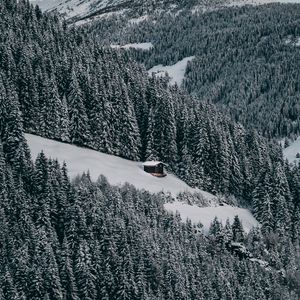 Preview wallpaper house, snow, hill, forest, winter, trees, sky