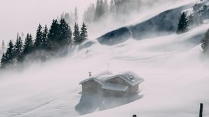 Preview wallpaper house, snow, hill, fog, trees
