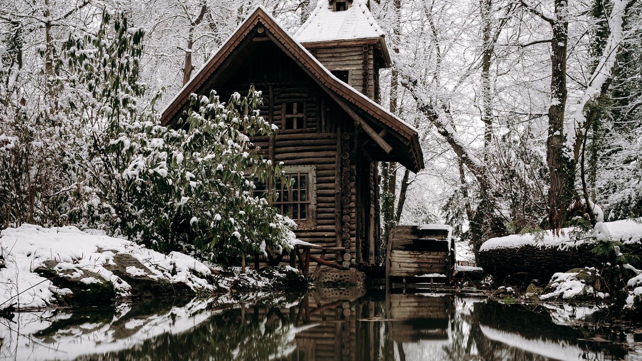 Wallpaper house, snow, river, nature, winter