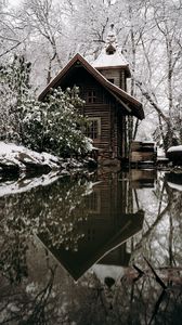 Preview wallpaper house, snow, river, nature, winter