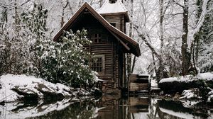 Preview wallpaper house, snow, river, nature, winter