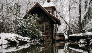 Preview wallpaper house, snow, river, nature, winter