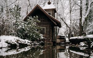 Preview wallpaper house, snow, river, nature, winter