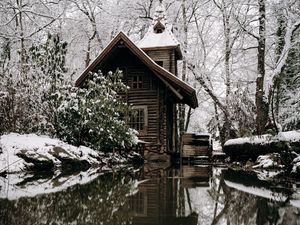 Preview wallpaper house, snow, river, nature, winter