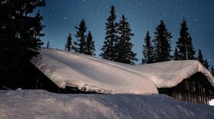 Preview wallpaper house, snow, starry sky, stars, night, winter