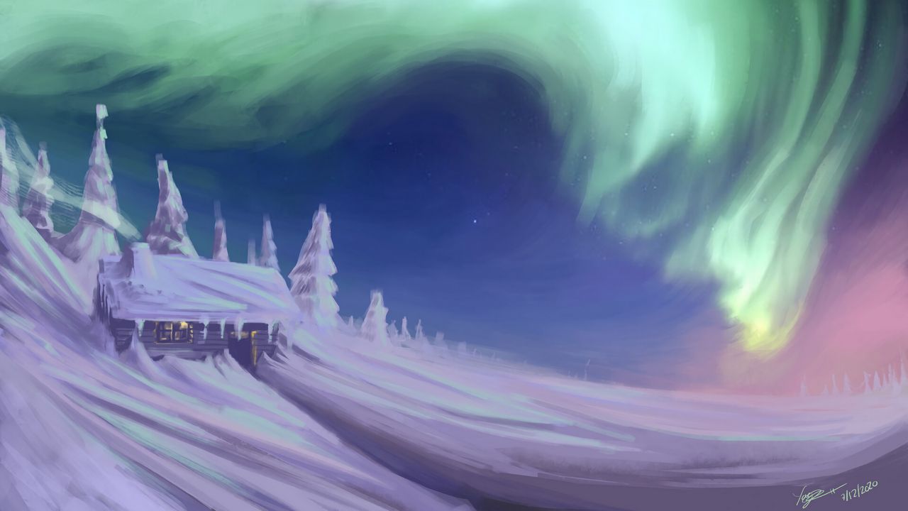 Wallpaper house, snow, trees, northern lights, winter, art