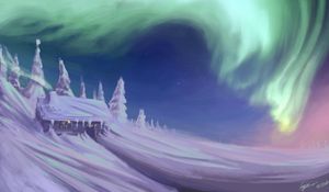Preview wallpaper house, snow, trees, northern lights, winter, art