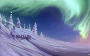Preview wallpaper house, snow, trees, northern lights, winter, art