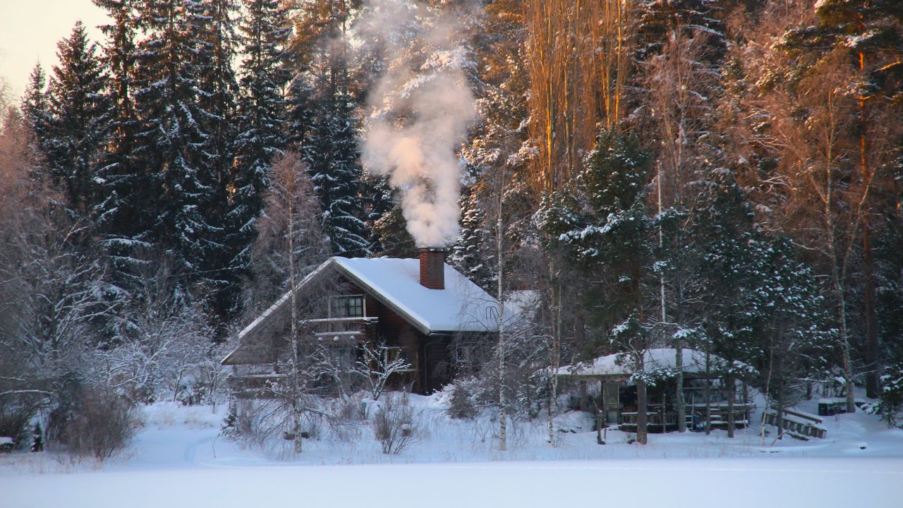 Wallpaper house, snow, winter, trees, smoke, nature