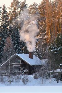 Preview wallpaper house, snow, winter, trees, smoke, nature