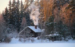 Preview wallpaper house, snow, winter, trees, smoke, nature