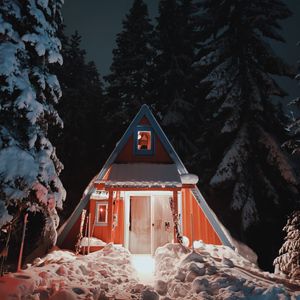 Preview wallpaper house, snow, winter, night, nature