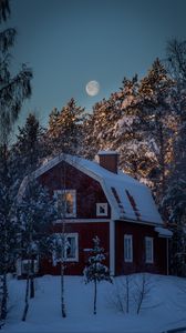 Preview wallpaper house, snow, winter, trees, moon, night