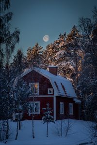 Preview wallpaper house, snow, winter, trees, moon, night