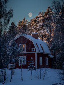 Preview wallpaper house, snow, winter, trees, moon, night
