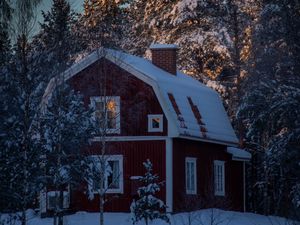 Preview wallpaper house, snow, winter, trees, moon, night