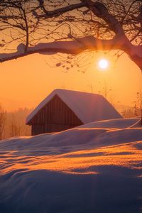 Preview wallpaper house, snow, winter, tree, sunrise