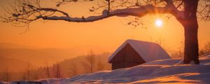 Preview wallpaper house, snow, winter, tree, sunrise