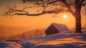 Preview wallpaper house, snow, winter, tree, sunrise