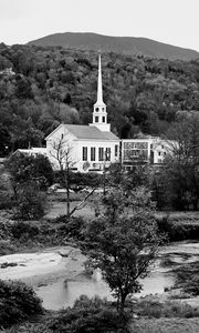 Preview wallpaper house, spire, clock, trees, forest, black and white