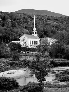 Preview wallpaper house, spire, clock, trees, forest, black and white