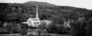 Preview wallpaper house, spire, clock, trees, forest, black and white