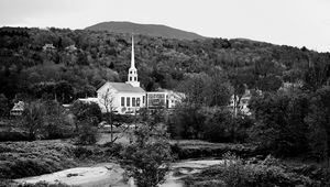 Preview wallpaper house, spire, clock, trees, forest, black and white