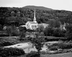 Preview wallpaper house, spire, clock, trees, forest, black and white