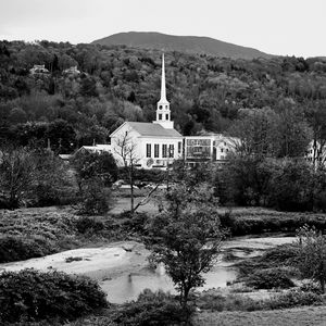 Preview wallpaper house, spire, clock, trees, forest, black and white